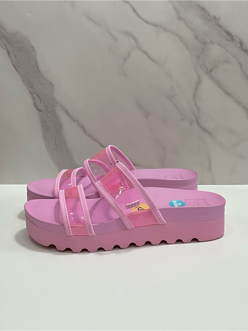 REEF Vista Hi-Energy Pink Clear Strap Platform Slides Sandals Size 9 NWT